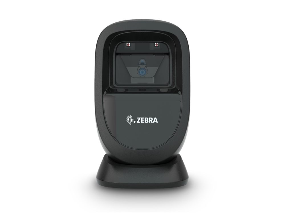 Zebra DS9308 hands-free presentation barcode scanner standing on a counter.