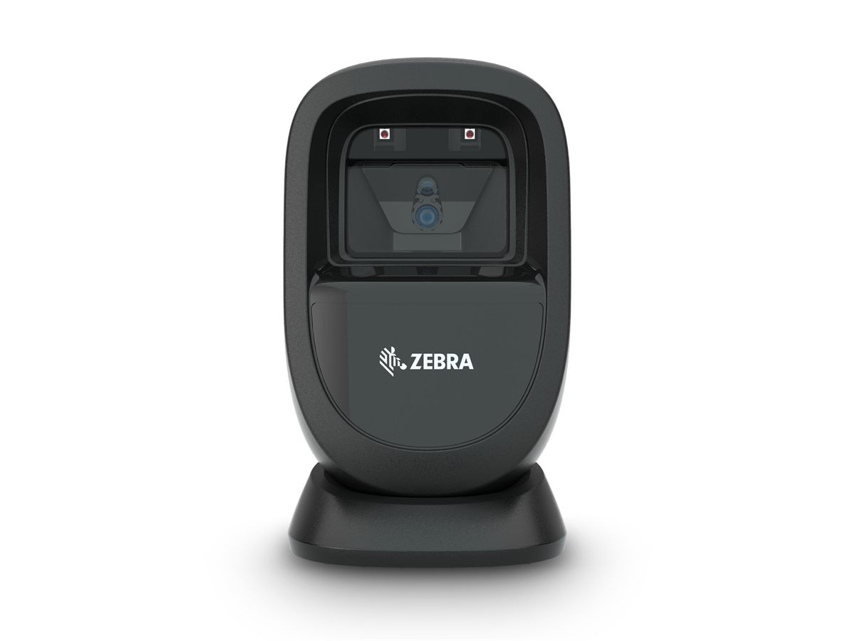 Zebra DS9308 hands-free presentation barcode scanner standing on its base, viewed straight on.