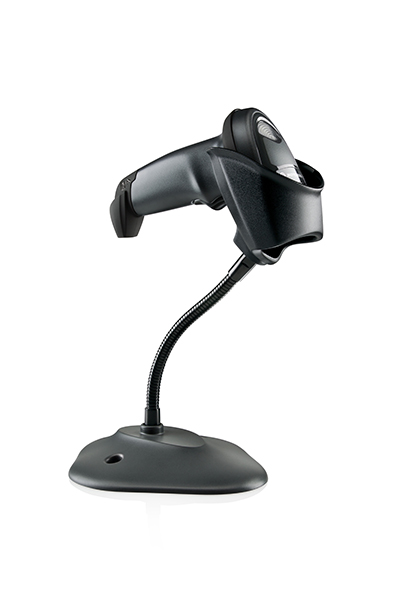 Zebra LI2208 corded linear imager barcode scanner in its stand, black.