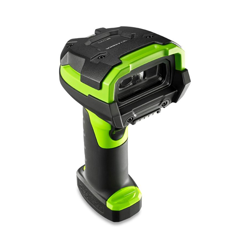Zebra LI3608 rugged corded barcode scanner in black and industrial green.