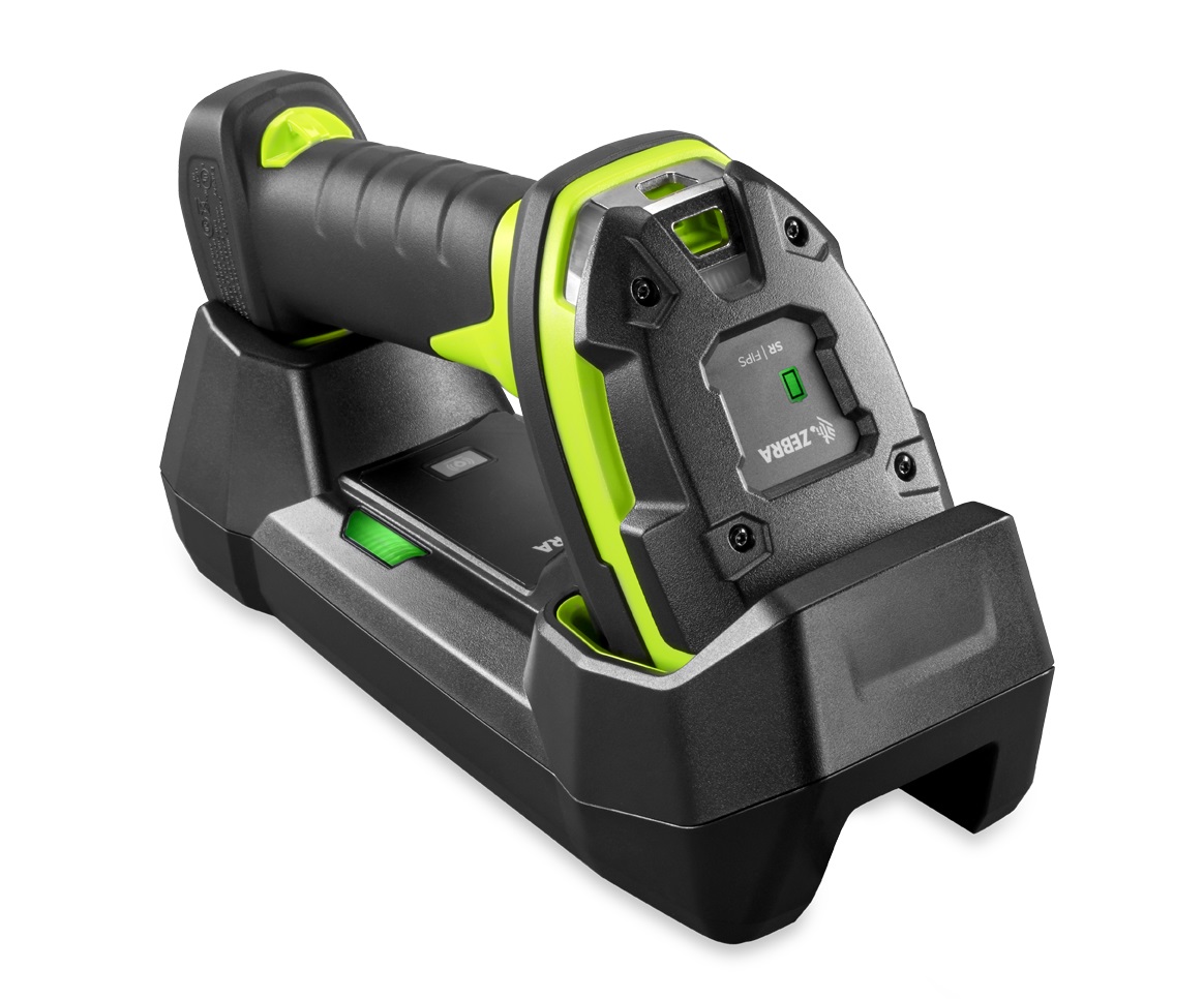Zebra LI3678 rugged cordless barcode scanner kit with cradle, black and industrial green.